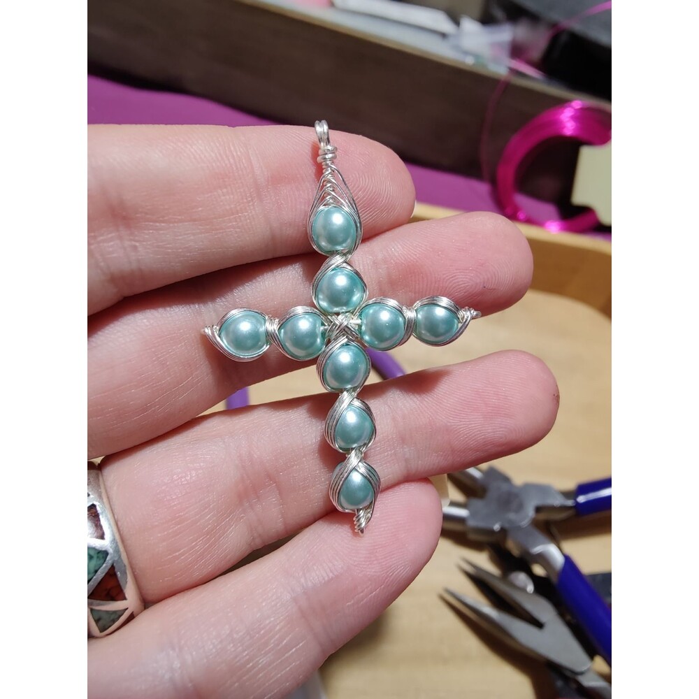 Aqua Blue Pearl Cross